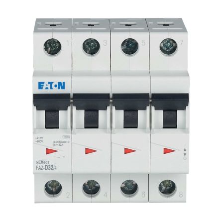 Eaton xEffect FAZ Miniature Circuit Breaker, 4-Pole, 32A, Type D, 400V ac AC, 60 V dc DC, 10 kA Breaking Capacity