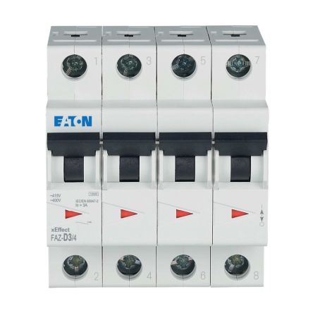 Eaton xEffect FAZ Miniature Circuit Breaker, 4-Pole, 3A, Type D, 400V ac AC, 10 kA Breaking Capacity