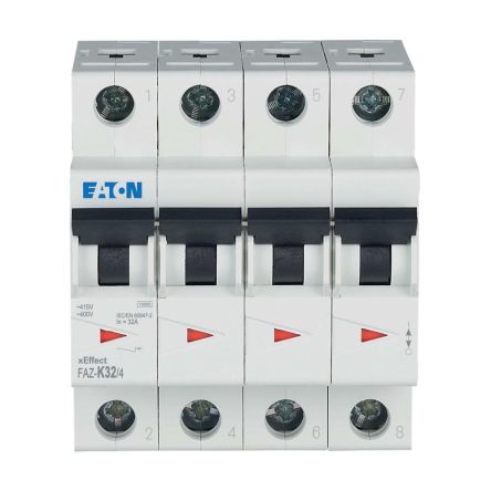 Eaton xEffect FAZ Miniature Circuit Breaker, 4-Pole, 32A, Type K, 400V ac AC, 60 V dc DC, 10 kA Breaking Capacity
