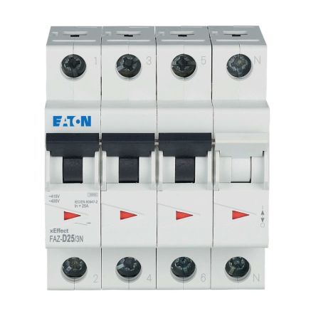 Eaton xEffect FAZ Miniature Circuit Breaker, 3-Pole, 25A, Type D, 400V ac AC, 60 V dc DC, 10 kA Breaking Capacity