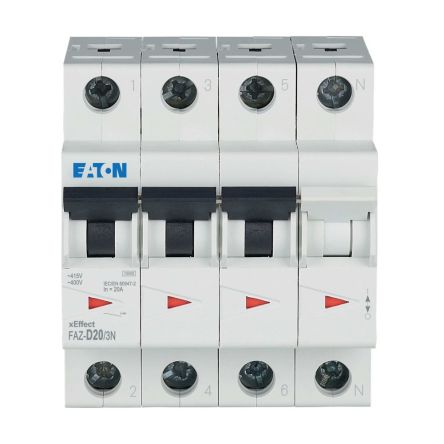 Eaton xEffect FAZ Miniature Circuit Breaker, 3-Pole, 20A, Type D, 400V ac AC, 60 V dc DC, 10 kA Breaking Capacity