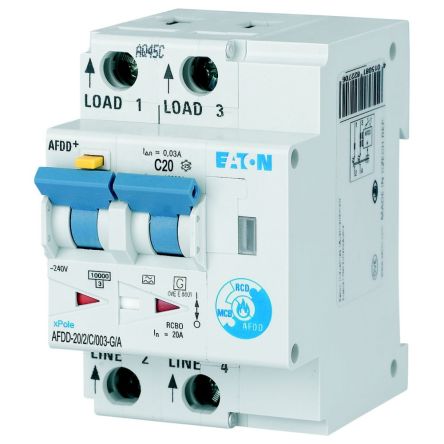 Eaton Residual Current Circuit Breaker with Overload Protection, 10kA Current Rating, 2-Pole, Type C, AFDD Range, xPole