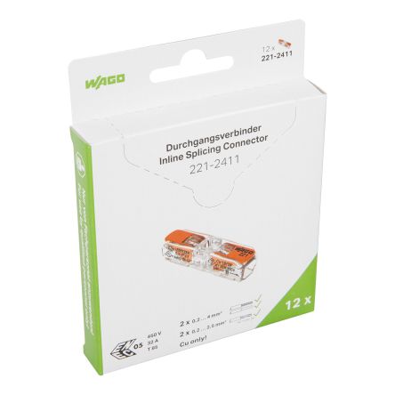 WAGO, 221 Wire Splice Splice Connector, Clear, Insulated 16 AWG