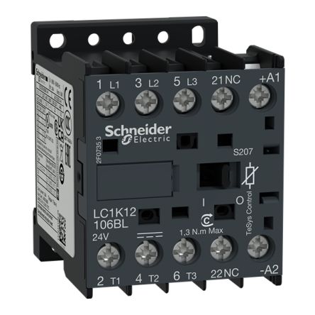 Schneider Electric TeSys K Contactor, 24V Coil, 3-Pole, 12 A, 3 kW, 3 NO, 24V