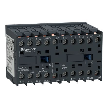 Schneider Electric TeSys K Contactor, 12V Coil, 3-Pole, 12 A, 3 W 12V, 1 NC, 12V
