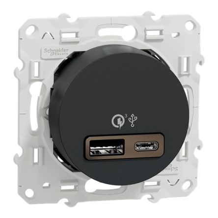 Schneider Electric Odace 2011 Anthracite Plug Socket, 2.4A Indoor, USB Type C, USB Type A
