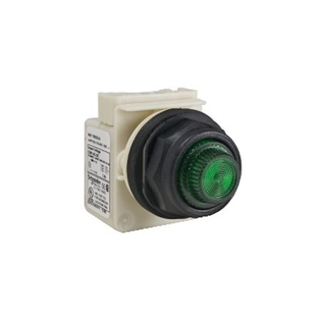 Schneider Electric, 9001SK, Panel Mount Green LED Pilot Light Complete Unit, 30 mm Cutout, IP66, Round, 120V ac/dc