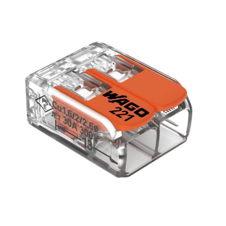 WAGO 221 Series Lever Connector, 2-Way, 10AWG, 20 AWG Wire, 41A Cage Clamp