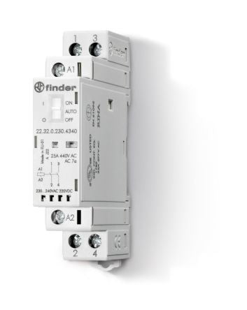Finder 22 Contactor, 230V ac/dc Coil, 2-Pole, 25 A, 2.2 W 230V ac/dc, 2 NO, 440V ac, 250 V ac