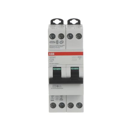 ABB S200C S200C Miniature Circuit Breaker, 4-Pole, 25A, Type C, 415V ac AC, 6 kA Breaking Capacity