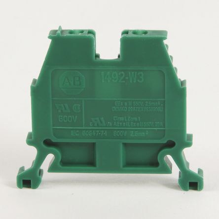 Allen Bradley 1492-W3-G 1492-W Series Feed Through Terminal Block Green, 2.5mm², Screw