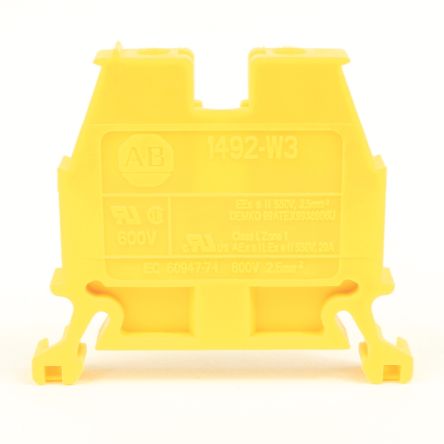 Allen Bradley 1492-W3-Y 1492-W Series Feed Through Terminal Block Yellow, 2.5mm², Screw