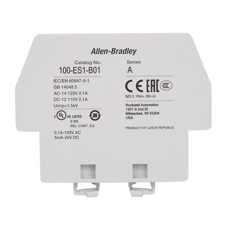 Allen Bradley Auxiliary Contact, 1 Contact, 1 NO, 100-E, Side, 1 mA, 3V, 100-ES3-B10