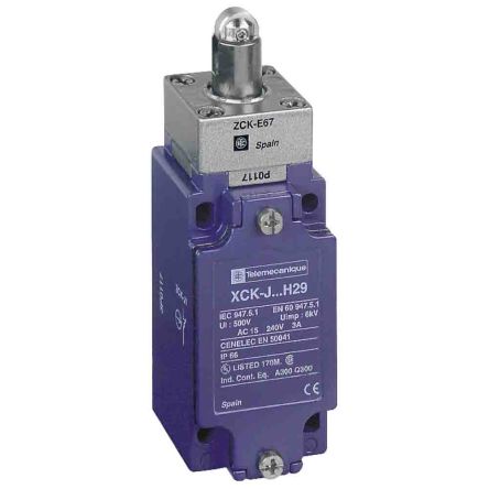 Telemecanique Sensors XCKJ Series Roller Plunger Limit Switch, 1 NO/1 NC, IP66, Zinc Zamak Alloy Housing, 240V ac, 3A
