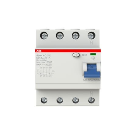 ABB F200 Series Residual Current Circuit Breaker, 63A, 4-Pole, 100 mA, Type AC, 0.1 A 230V ac