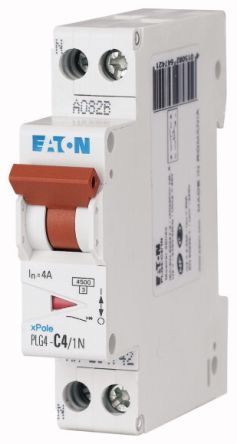 Eaton Plexo PLG4 Miniature Circuit Breaker, 1-Pole, 4A, Type C, 230V ac AC, 4.5 kA Breaking Capacity