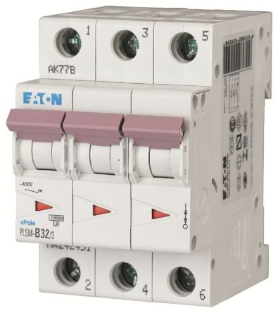 Eaton PLSM Miniature Circuit Breaker, 3-Pole, 32A, Type B, 400V ac AC, 10 kA Breaking Capacity