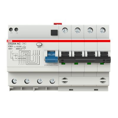 ABB Residual Current Circuit Breaker with Overload Protection, 63A Current Rating, 4-Pole, 30 mA Trip Sensitivity, Type