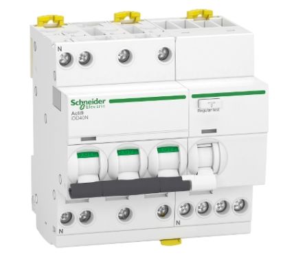 Schneider Electric Residual Current Circuit Breaker with Overload Protection, 40A Current Rating, 3-Pole, 30 mA Trip