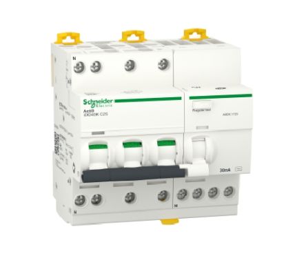 Schneider Electric Residual Current Circuit Breaker with Overload Protection, 25A Current Rating, 3-Pole, 30 mA Trip