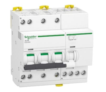 Schneider Electric Residual Current Circuit Breaker with Overload Protection, 40A Current Rating, 3-Pole, 30 mA Trip