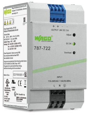 WAGO 787 Switched Mode DIN Rail Power Supply 230V ac/dc AC/DC Input 24V dc, 5 A Output DC 120 W