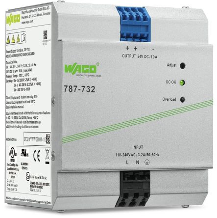 WAGO 787 Switched Mode DIN Rail Power Supply 230V ac/dc AC/DC Input 24V dc, 10 A Output DC 240 W
