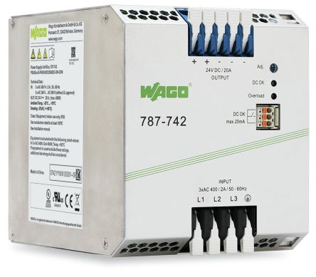WAGO 787 Switched Mode DIN Rail Power Supply 400V ac/dc AC/DC Input 24V dc, 20 A Output DC 480 W