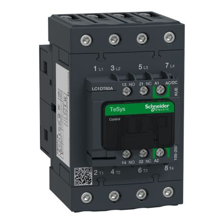 Schneider Electric TeSyS D Contactor, 100V ac, 250 V ac Coil, 4-Pole, 66 A 100V ac, 250 V ac, 1 NO/1 NC, 690V