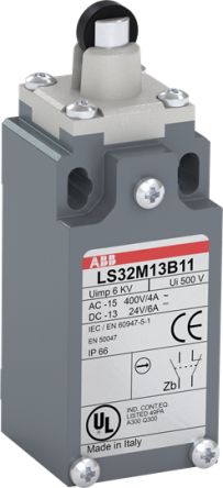 ABB LS32M13B11 Series Roller Lever Limit Switch, 1 NO/1 NC, IP66, Zinc Alloy Housing, 500V ac, 10A