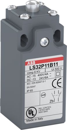ABB LS33P11B11 Series Roller Lever Limit Switch, 1 NO/1 NC, IP66, Zinc Alloy Housing, 500V ac, 10A