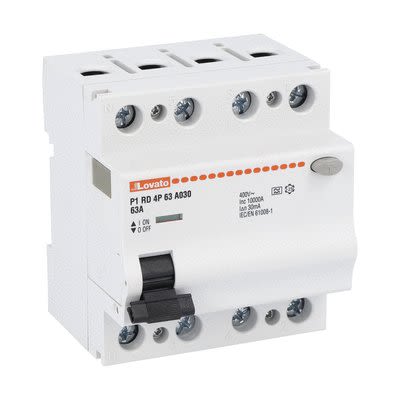 Lovato P1RD Series Molded Case Circuit Breaker, 63A, 4-Pole, 30 mA, Type A 400V ac