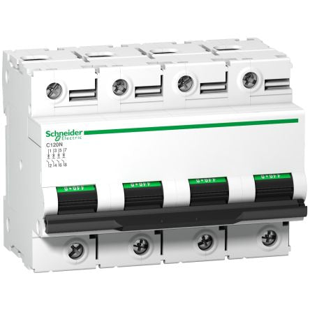 Schneider Electric Acti9 Acti9 C120 Miniature Circuit Breaker, 4-Pole, 125A, C Curve, 440V ac AC, 500 V dc DC, 10000 kA
