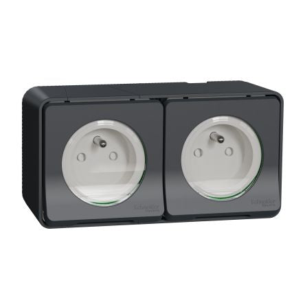 Schneider Electric Mureva Styl Grey 2 Gang Plug Socket, 16A Indoor & Outdoor, French 2P