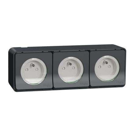Schneider Electric Mureva Styl Grey 3 Gang Plug Socket, 16A Indoor & Outdoor, French 2P