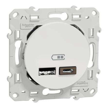 Schneider Electric Odace 2011 White USB Socket, 2.4A Indoor, USB Type C, USB Type A