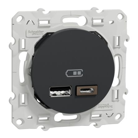 Schneider Electric Odace 2011 Anthracite USB Socket, 2.4A Indoor, USB Type A, USB Type C
