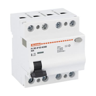 Lovato P1RD Series Residual Current Circuit Breaker, 63A, 4-Pole, 300 mA, Type AC 400V ac