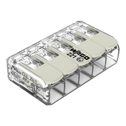 WAGO 221 Series Connector, 5-Way, 10AWG Wire, 30A Plug-In