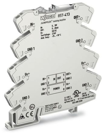WAGO 857 Series Signal Conditioner, Voltage Input, Current Output, 24V dc Supply, ATEX, IECEx