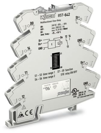 WAGO 857 Series DIN Rail Timer Relay, 1-Contact, 250 V dc 250V ac, 0.01 s to 100 h, 1 CO Switch Configuration