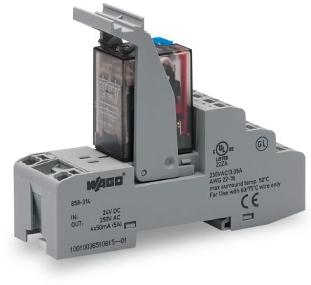 WAGO 858 Series Relay Module, DIN Rail, 24V dc Coil, 4PDT, 37mA