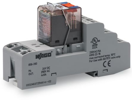 WAGO 858 Series Relay Module, DIN Rail, 24V dc Coil, 4PDT, 32mA