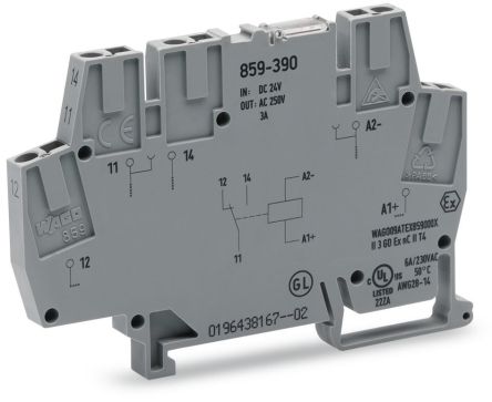 WAGO 859 Series Relay Module, DIN Rail, 24V dc Coil, SPDT, 12mA