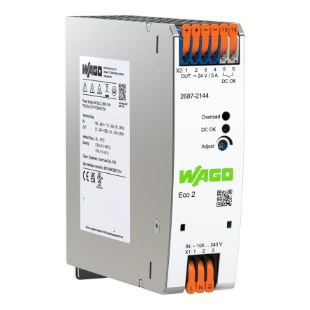 WAGO Switched Mode DIN Rail Power Supply 24V dc, 5 A Output 120 W