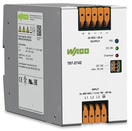 WAGO DIN Rail Power Supply 24V dc, 20 A Output 480 W