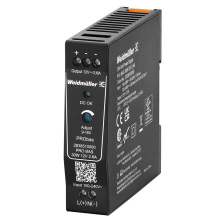 Weidmüller PRO BAS Power Supply DIN Rail Power Supply 264V ac AC/DC Input 12V dc, 2.6 A Output DC 30 W