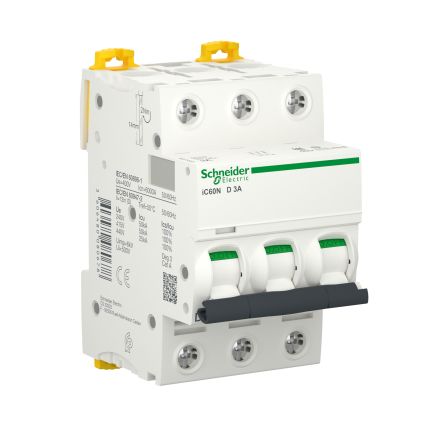 Schneider Electric Acti9 Acti9 iC60 Miniature Circuit Breaker, 3-Pole, 3A, Type D, 400V ac AC, 180 V dc DC, 50 kA