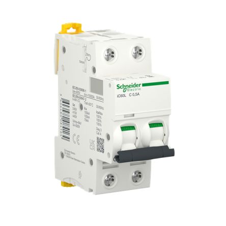 Schneider Electric Acti9 Acti9 iC60 Miniature Circuit Breaker, 2-Pole, 0.5A, Type C, 415V ac AC, 125 V dc DC, 15 kA