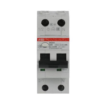 ABB DS201 Series Residual Current Circuit Breaker, 40A, 2-Pole, 30 mA, Type C, 10 kA, 500 V dc 230V ac